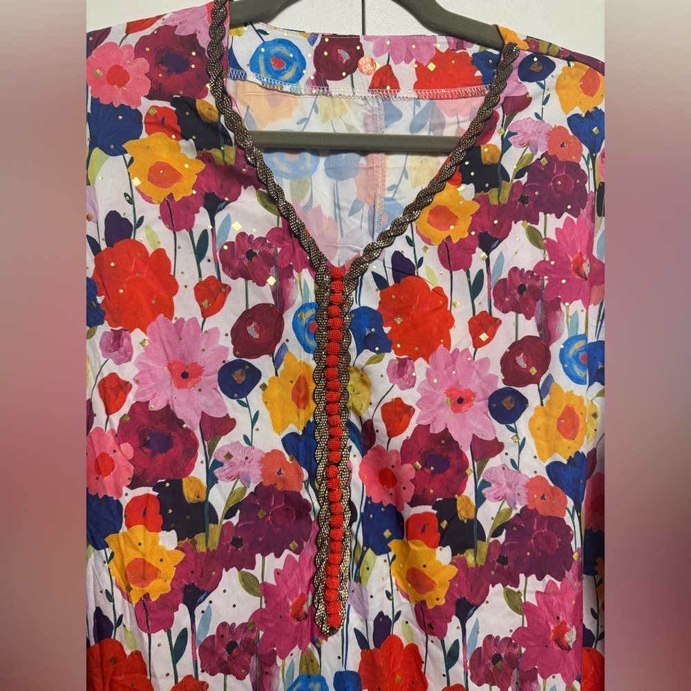 Floral Midi Dress with Fringe Sleeves - Pink Multi - Picture 5 of 8